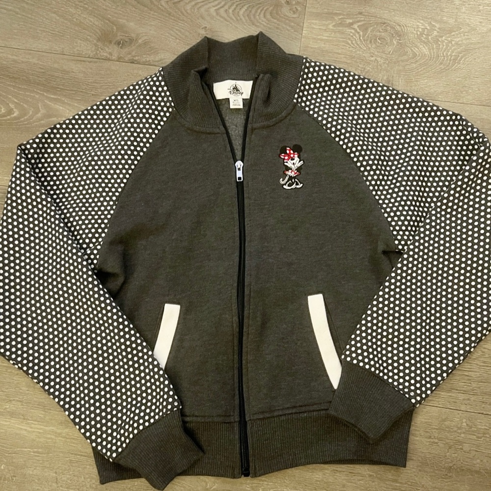 Disney Parks Minnie XS Embroidered Logo Grey & Polka Dot Zip Up Sweatshirt